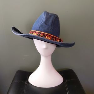 Vintage Distressed Denim Southwestern Woven Trim Rigid Cowboy Hat